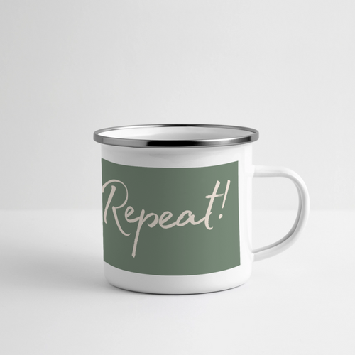 Emaille-Thermobecher „Ride. Camp. Repeat!“ – Für den hottesten Moment deines Lebens! - Weiß