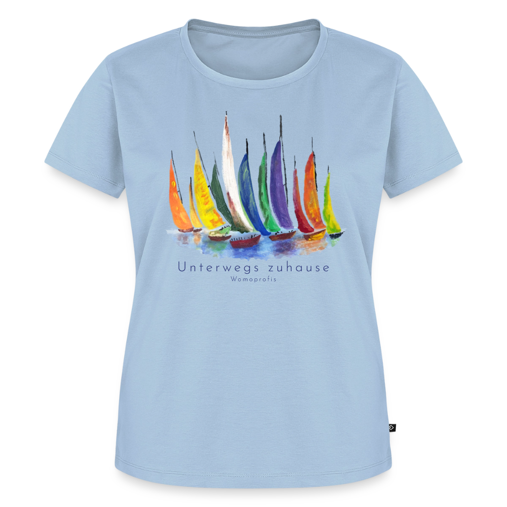 Frauen Bio-T-Shirt „Unterwegs zuhause“ – Nachhaltiges Damen Shirt für Camping, Vanlife, Reisen, Urlaub & Freizeit mit maritimem Design - Hellblau
