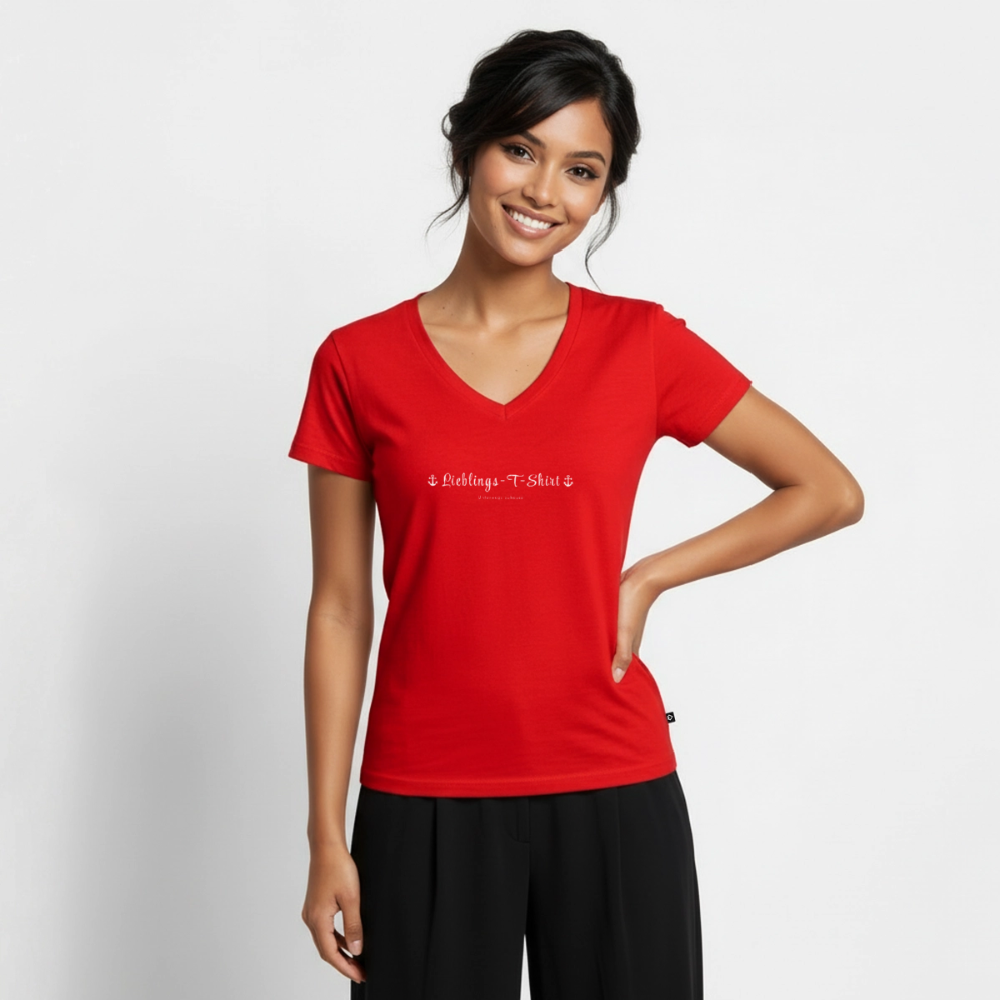Frauen Bio-T-Shirt mit V-Ausschnitt „Lieblings-T-Shirt“ von Unterwegs zuhause – Natürlich leicht. Natürlich du. - Rot