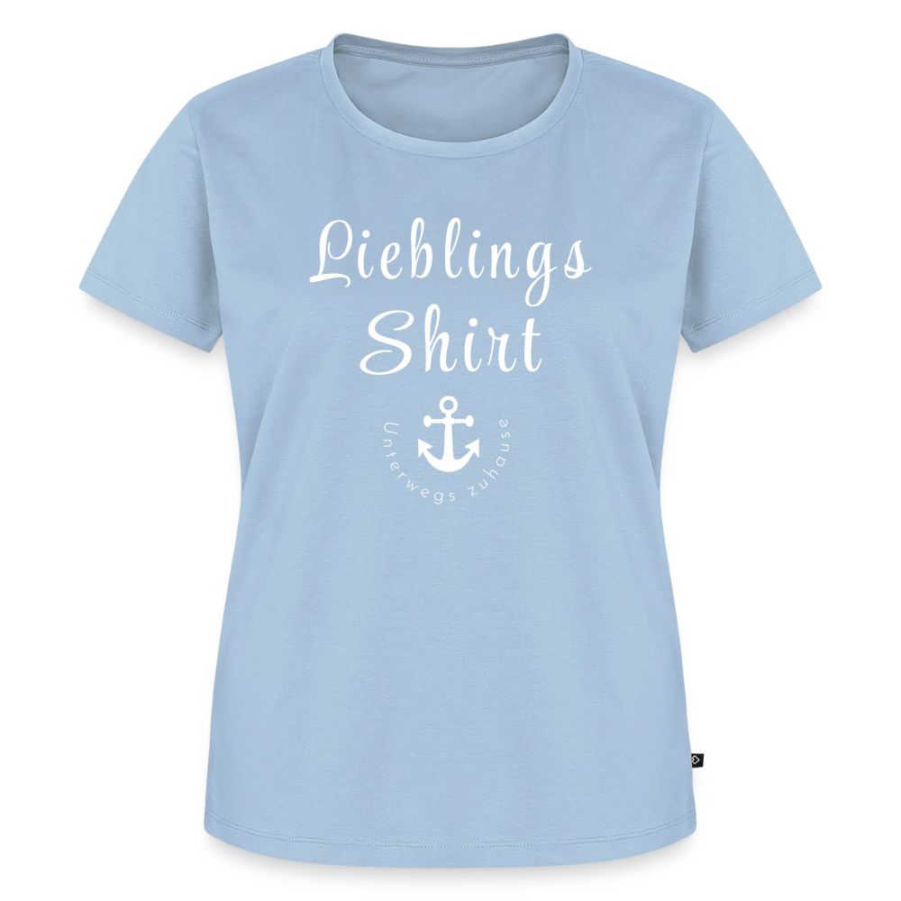 Frauen Bio-T-Shirt „Lieblings-Shirt – Unterwegs zuhause“ – Damen Freizeitshirt mit maritimem Design, Camping Shirt für Reisen, Vanlife, Urlaub & Alltag - Hellblau