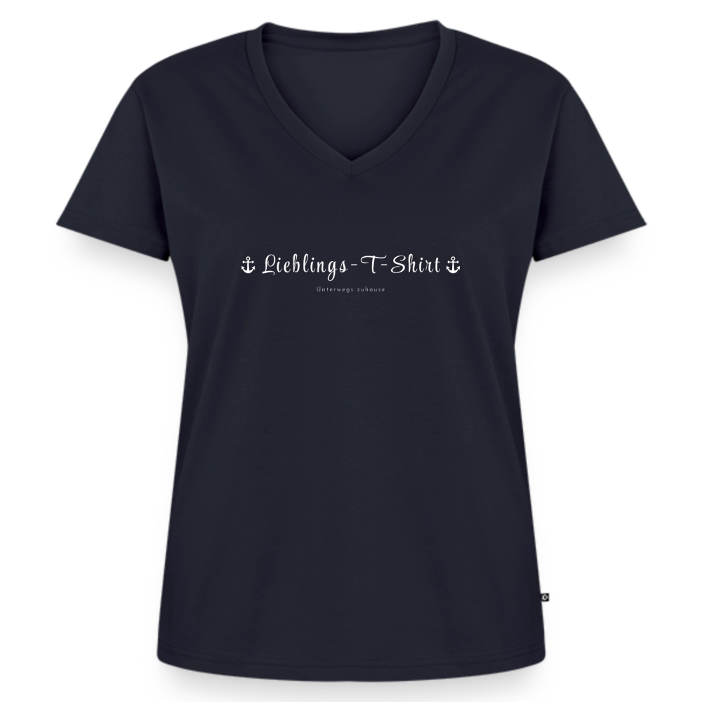 Frauen Bio-T-Shirt mit V-Ausschnitt „Lieblings-T-Shirt“ von Unterwegs zuhause – Natürlich leicht. Natürlich du. - Navy