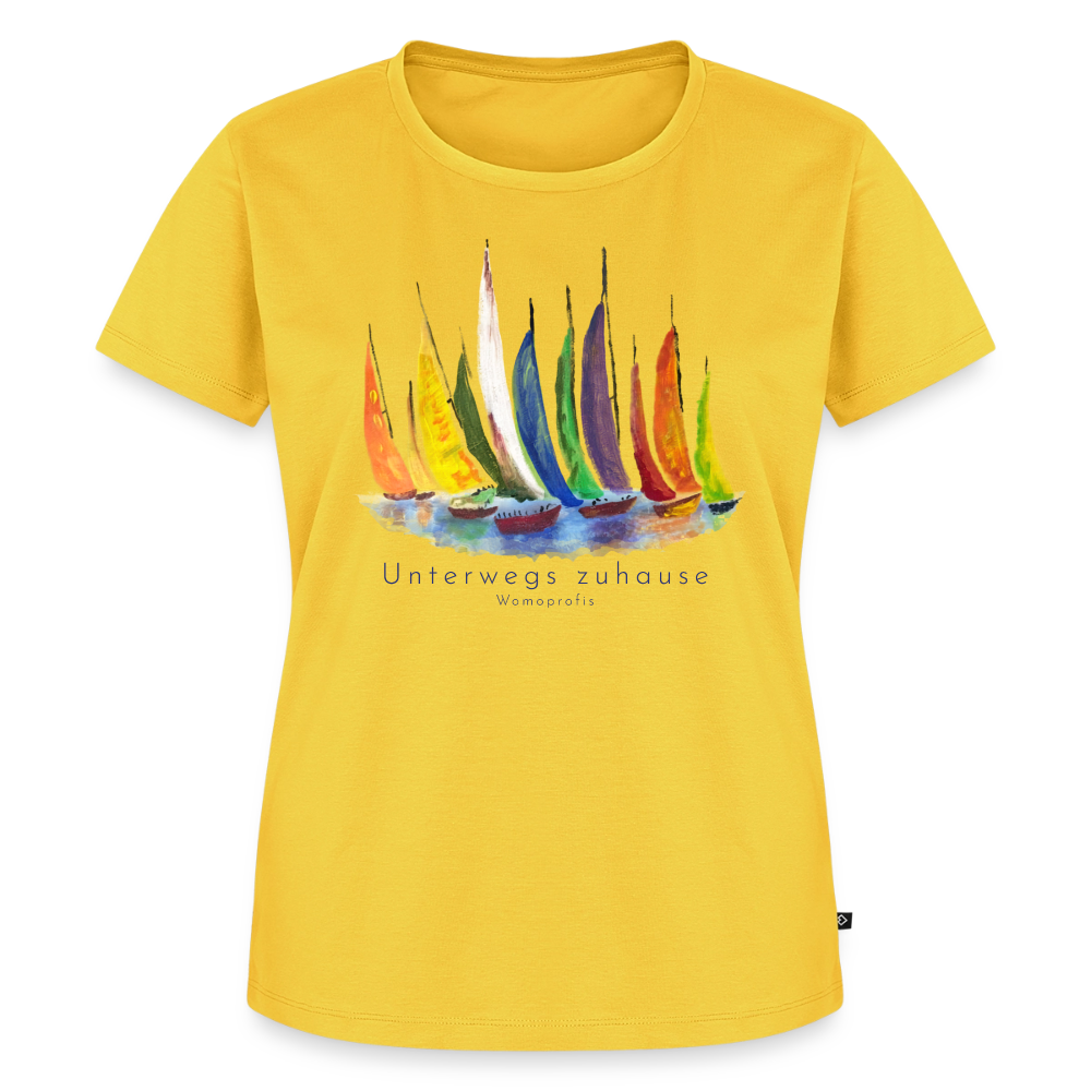 Frauen Bio-T-Shirt „Unterwegs zuhause“ – Nachhaltiges Damen Shirt für Camping, Vanlife, Reisen, Urlaub & Freizeit mit maritimem Design - Sonnengelb