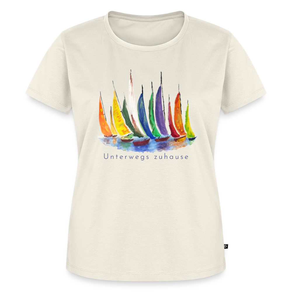 Frauen Bio-T-Shirt Unterwegs zuhause V-Ausschnitt – Camping & Vanlife - Naturweiß