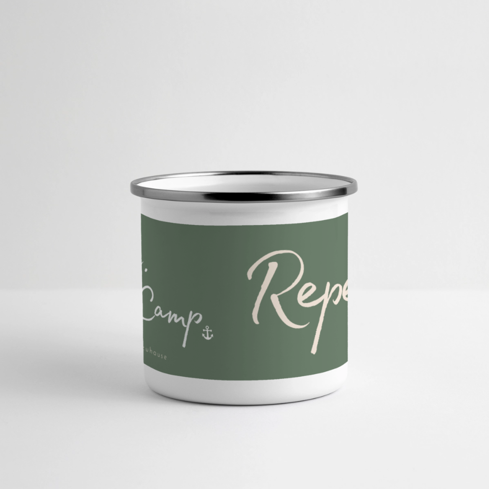Emaille-Thermobecher „Ride. Camp. Repeat!“ – Für den hottesten Moment deines Lebens! - Weiß