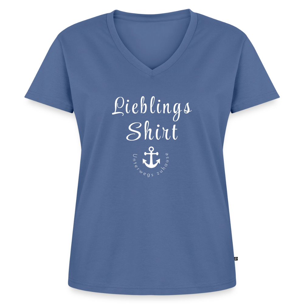 Frauen Lieblings-(Bio)-Shirt von Unterwegs zuhause mit V-Ausschnitt  – Damen Freizeitshirt aus Bio-Baumwolle, maritimes Design, Camping & Vanlife - Taubenblau