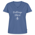 Frauen Lieblings-(Bio)-Shirt von Unterwegs zuhause mit V-Ausschnitt  – Damen Freizeitshirt aus Bio-Baumwolle, maritimes Design, Camping & Vanlife - Taubenblau