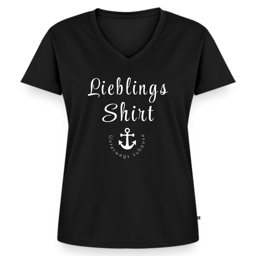 Frauen Lieblings-(Bio)-Shirt von Unterwegs zuhause mit V-Ausschnitt  – Damen Freizeitshirt aus Bio-Baumwolle, maritimes Design, Camping & Vanlife - Schwarz