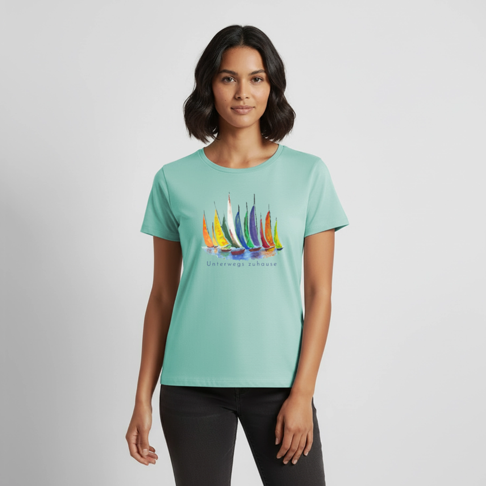 Frauen Bio-T-Shirt Unterwegs zuhause V-Ausschnitt – Camping & Vanlife - Mint 