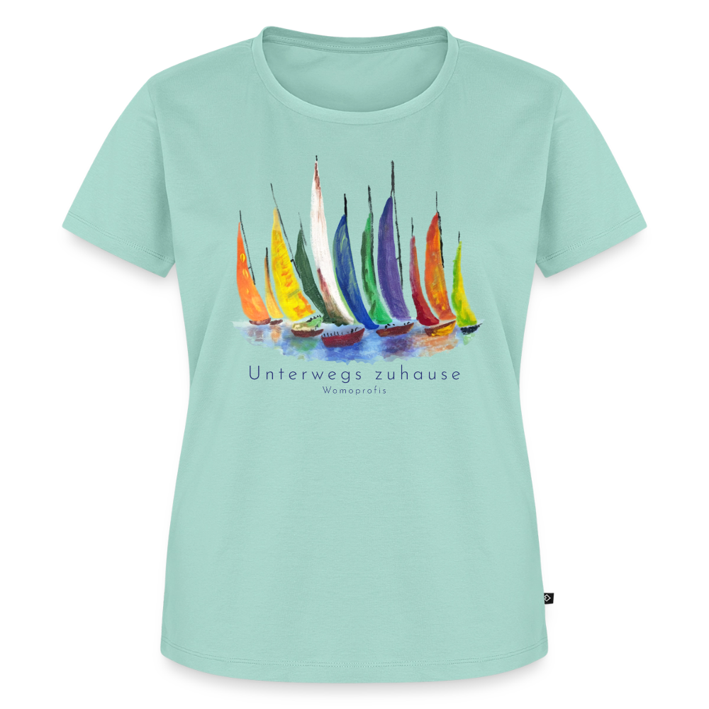 Frauen Bio-T-Shirt „Unterwegs zuhause“ – Nachhaltiges Damen Shirt für Camping, Vanlife, Reisen, Urlaub & Freizeit mit maritimem Design - Mint 