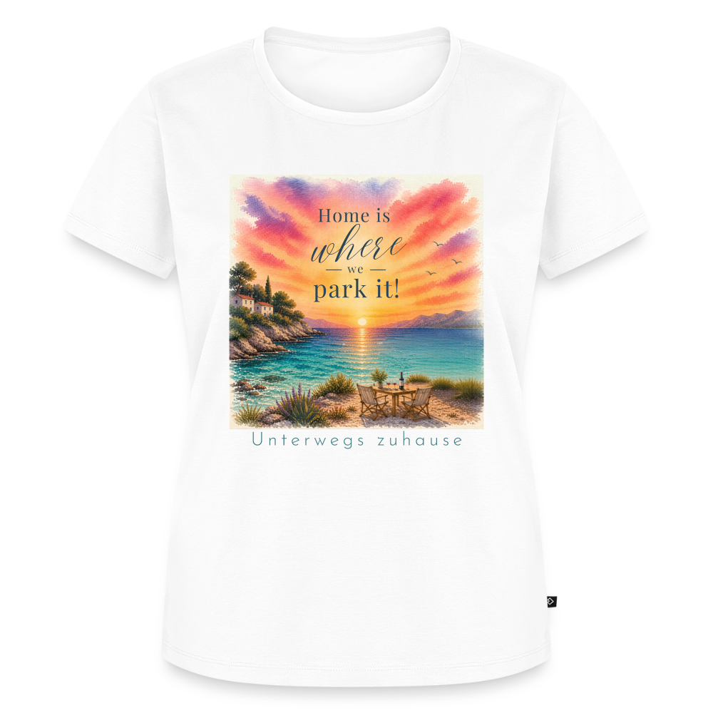 Frauen T-Shirt „Home is where we park it“ – Damen Camping Shirt, Vanlife Shirt, Wohnmobil T-Shirt, Geschenk für Camperinnen - Weiß