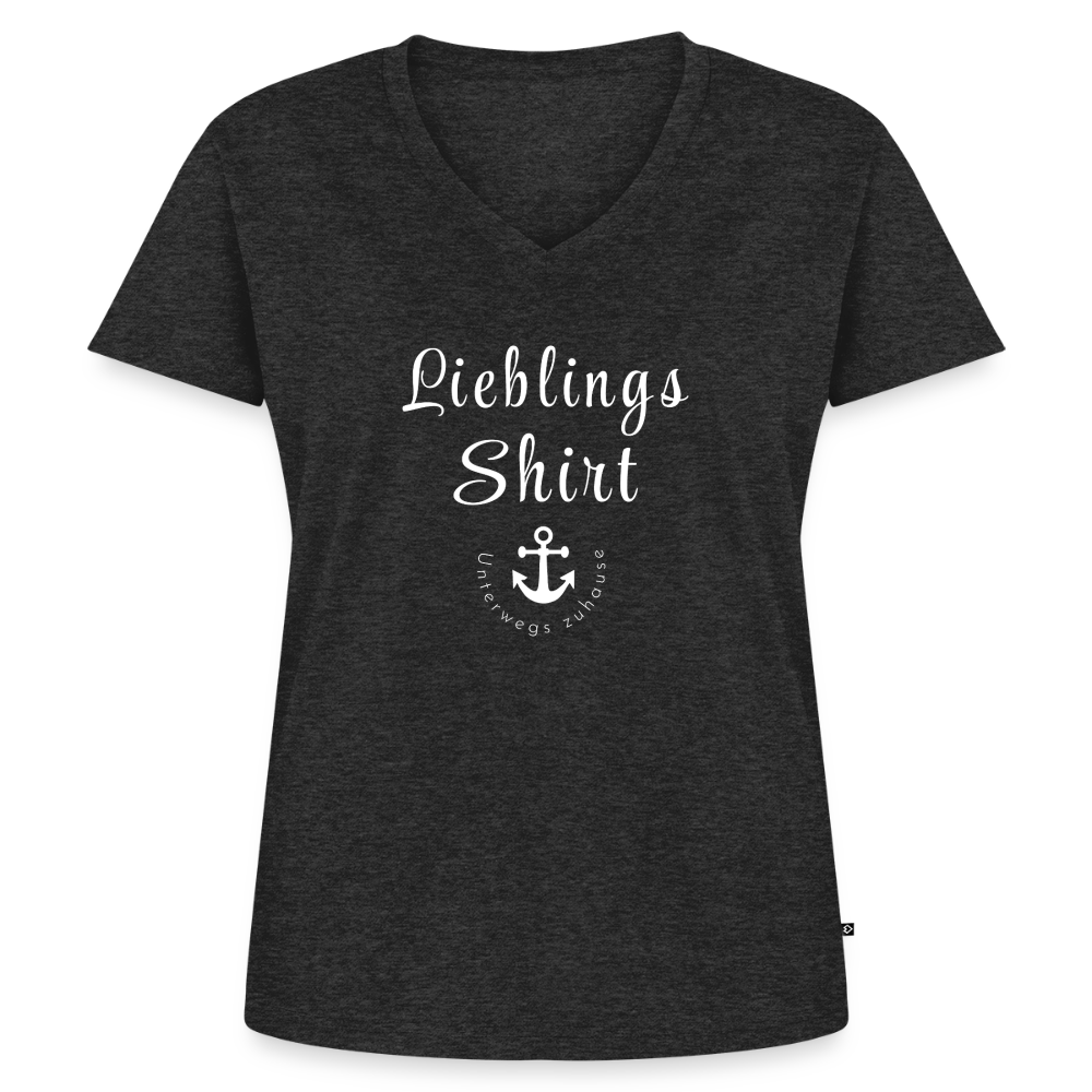 Frauen Lieblings-(Bio)-Shirt von Unterwegs zuhause mit V-Ausschnitt  – Damen Freizeitshirt aus Bio-Baumwolle, maritimes Design, Camping & Vanlife - Anthrazit meliert