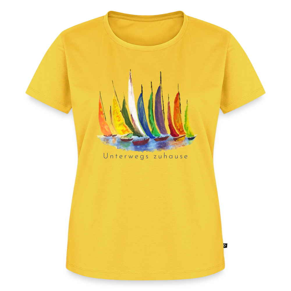 Frauen Bio-T-Shirt Unterwegs zuhause V-Ausschnitt – Camping & Vanlife - Sonnengelb