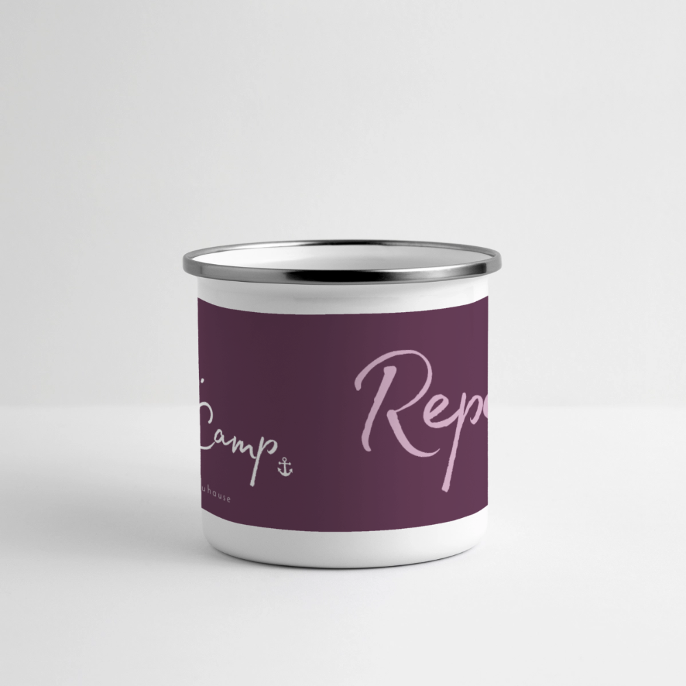 Emaille-Thermobecher „Ride. Camp. Repeat!“ – Für den hottesten Moment deines Lebens! - Weiß
