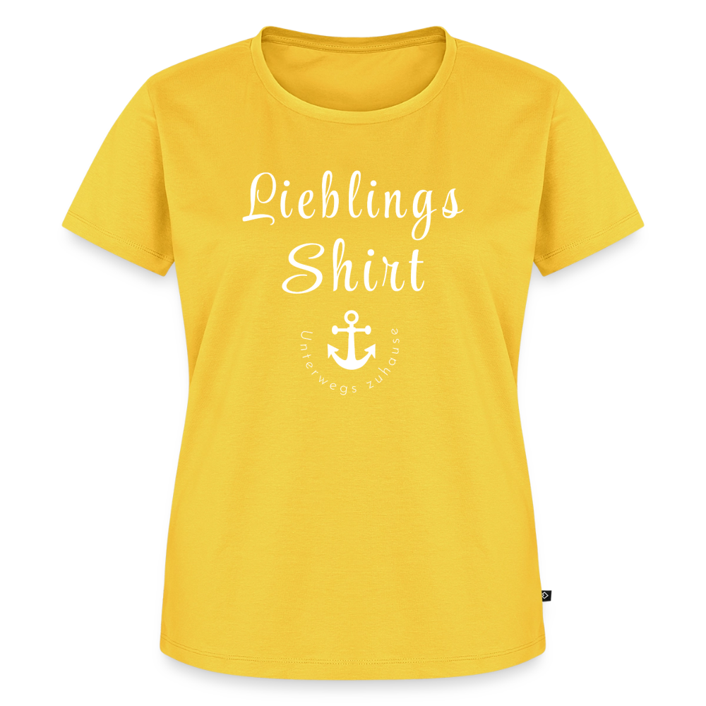 Frauen T-Shirt „Lieblings-Shirt – Unterwegs zuhause“ – Damen Freizeitshirt mit maritimem Design, Camping Shirt für Reisen, Vanlife, Urlaub & Alltag - Sonnengelb