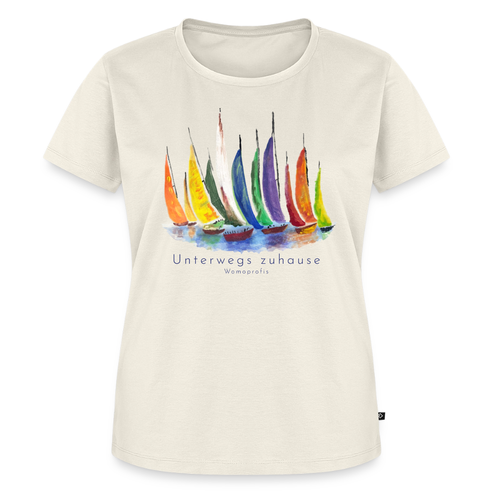 Frauen Bio-T-Shirt „Unterwegs zuhause“ – Nachhaltiges Damen Shirt für Camping, Vanlife, Reisen, Urlaub & Freizeit mit maritimem Design - Naturweiß