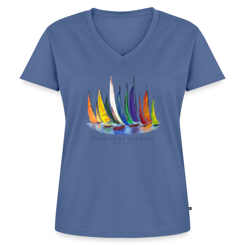 Frauen Bio-T-Shirt „Unterwegs zuhause“ mit V-Ausschnitt – Nachhaltiges Damen Shirt für Camping, Vanlife, Reisen, Urlaub & Freizeit mit maritimem Design - Taubenblau