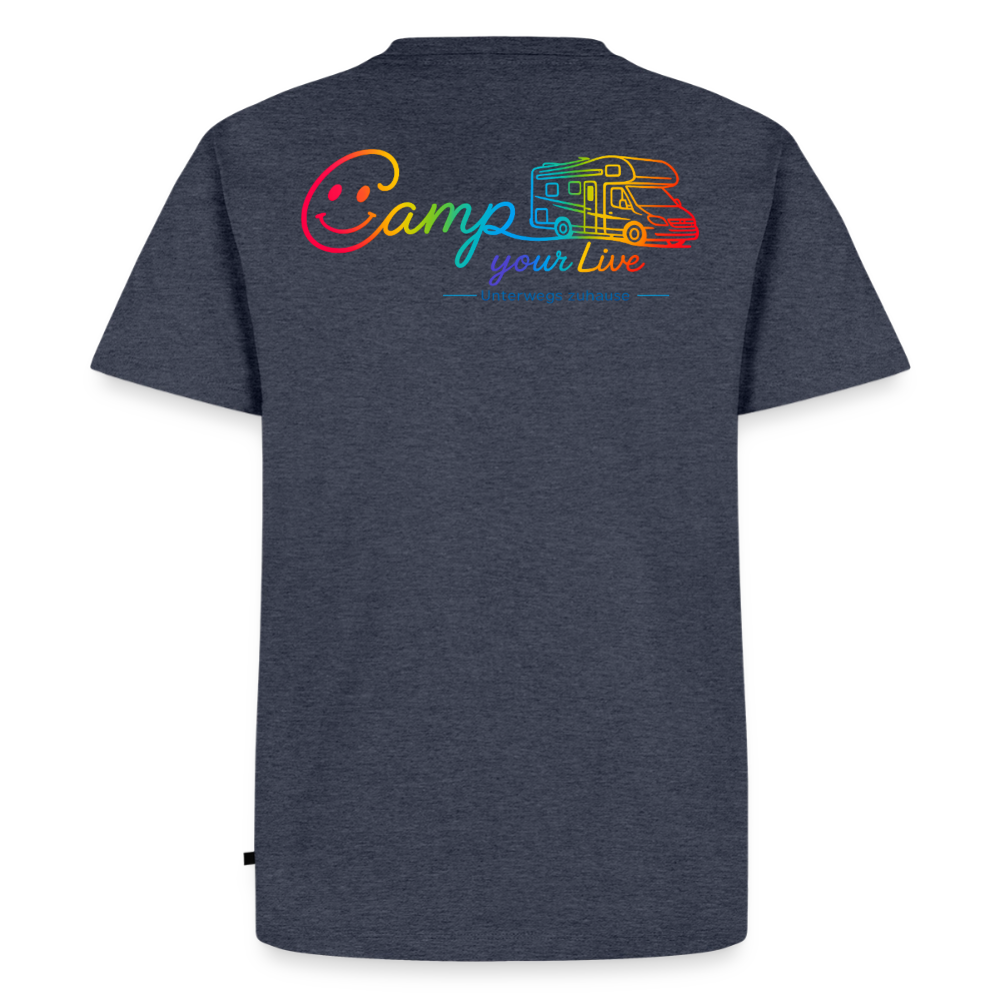 Herren Bio-T-Shirt „Camp your Life“ von Unterwegs zuhause, Modell Wohnmobil – Camping Shirt, Vanlife Shirt, Wohnmobil Shirt für Reisen, Urlaub, Camper & Freizeit - Jeansblau 