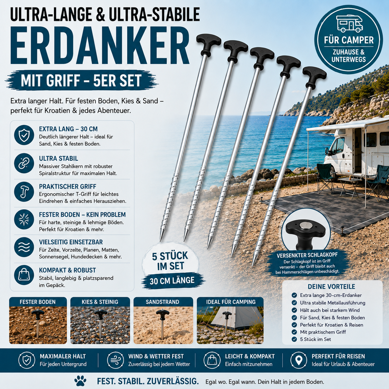 Ultra-lange &amp; ultra-stabile Erdanker mit Griff – 30 cm, 5er-Set
