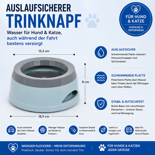 Auslaufsicherer Trinknapf – Wasser für Hund &amp; Katze, auch während der Fahrt bestens versorgt