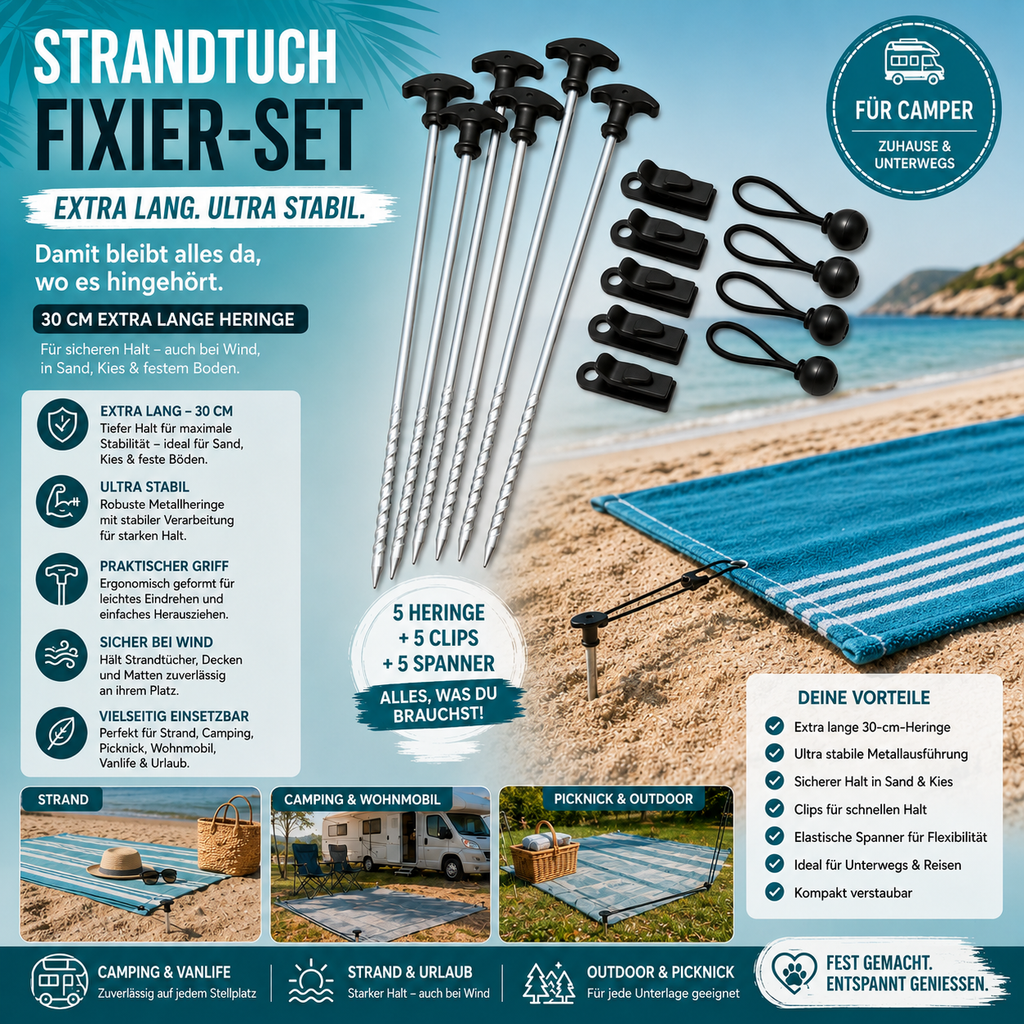Strandtuch-Fixier-Set mit extra langen 30-cm-Heringen – damit deine Sachen bleiben, wo sie hingehören